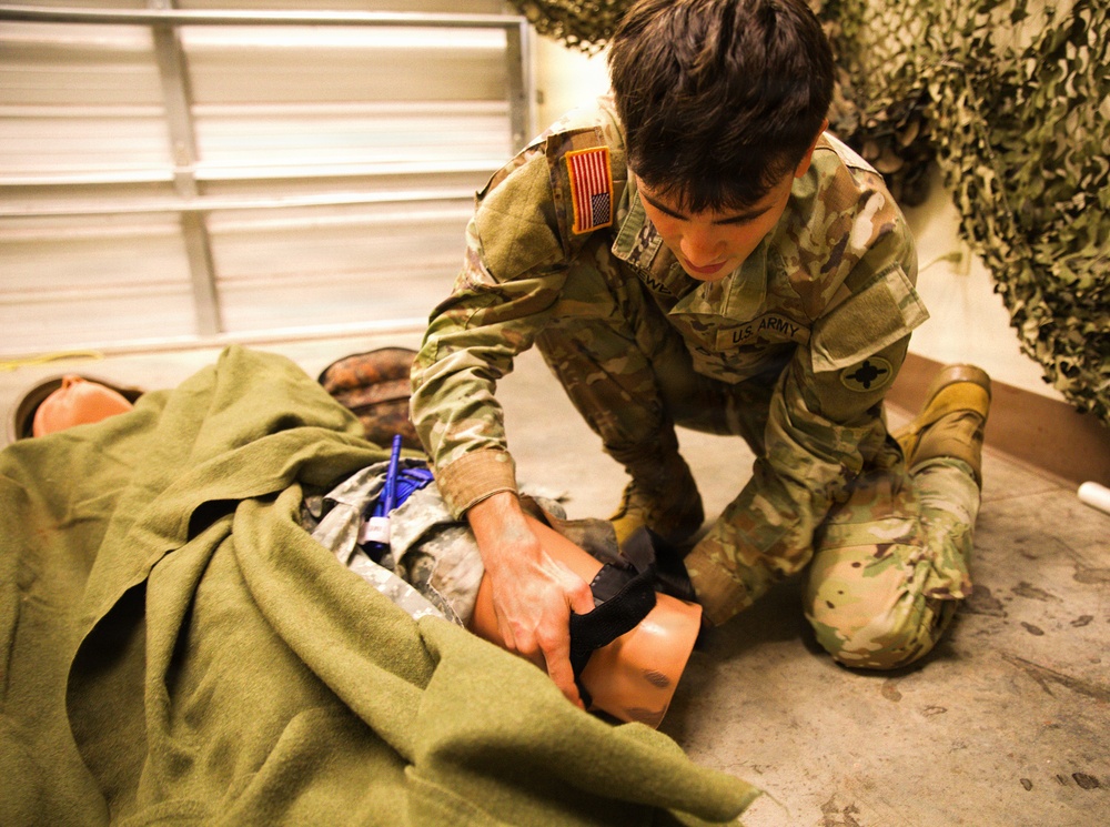 A Soldier with the 184th Expeditionary Sustainment Command, MSARNG, conducts Combat Life Saver (CLS) Training during Annual Training