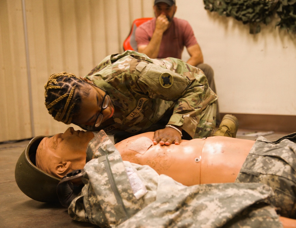 A Soldier with the 184th Expeditionary Sustainment Command, MSARNG, conducts Combat Life Saver (CLS) Training during Annual Training