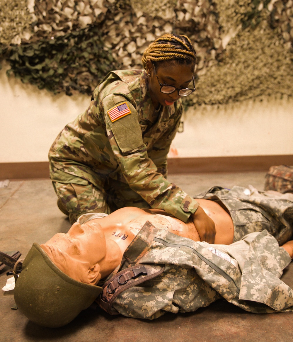 A Soldier with the 184th Expeditionary Sustainment Command, MSARNG, conducts Combat Life Saver (CLS) Training during Annual Training