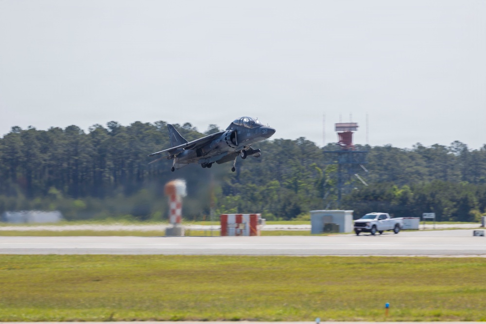 U.S. Marines with VMA-223 fly in a TAV-8B Harrier II