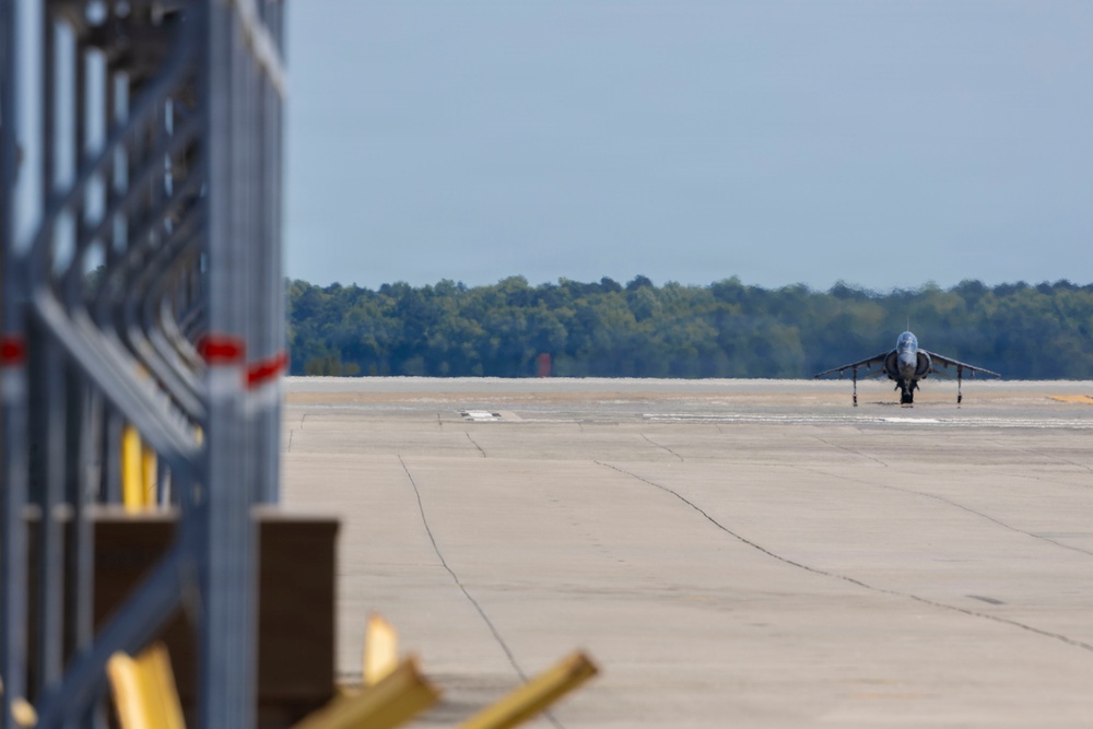 U.S. Marines with VMA-223 fly in a TAV-8B Harrier II