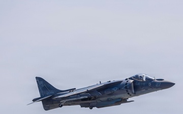 U.S. Marines with VMA-223 fly in a TAV-8B Harrier II