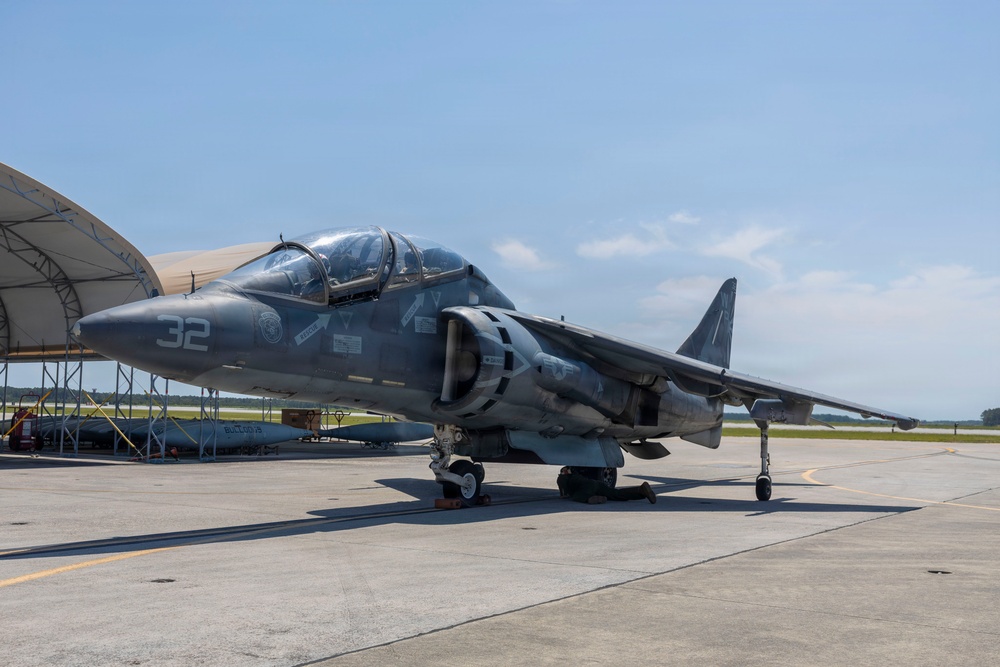 U.S. Marines with VMA-223 fly in a TAV-8B Harrier II