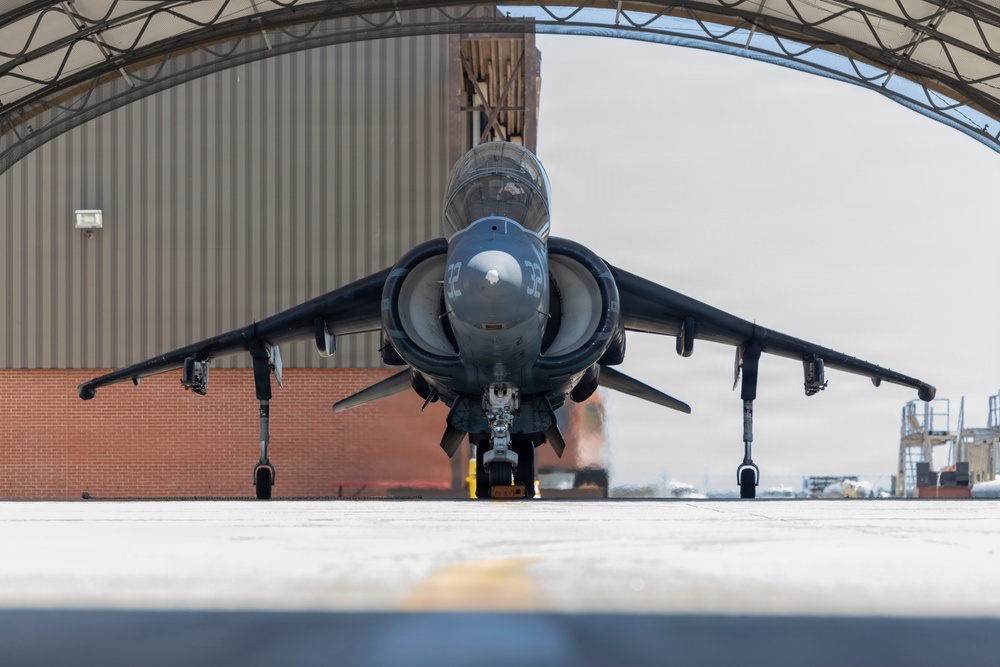 U.S. Marines with VMA-223 fly in a TAV-8B Harrier II
