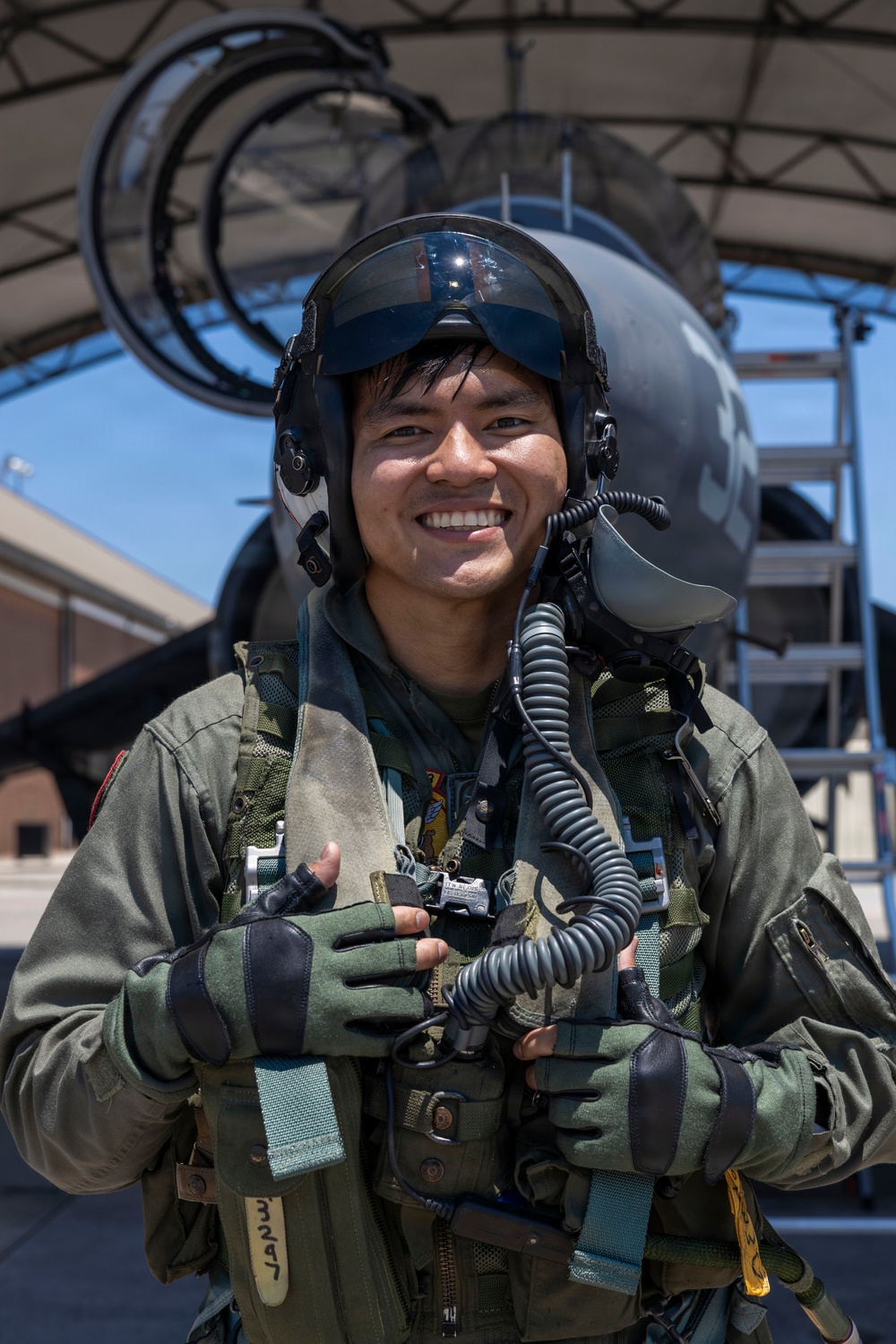 U.S. Marines with VMA-223 fly in a TAV-8B Harrier II