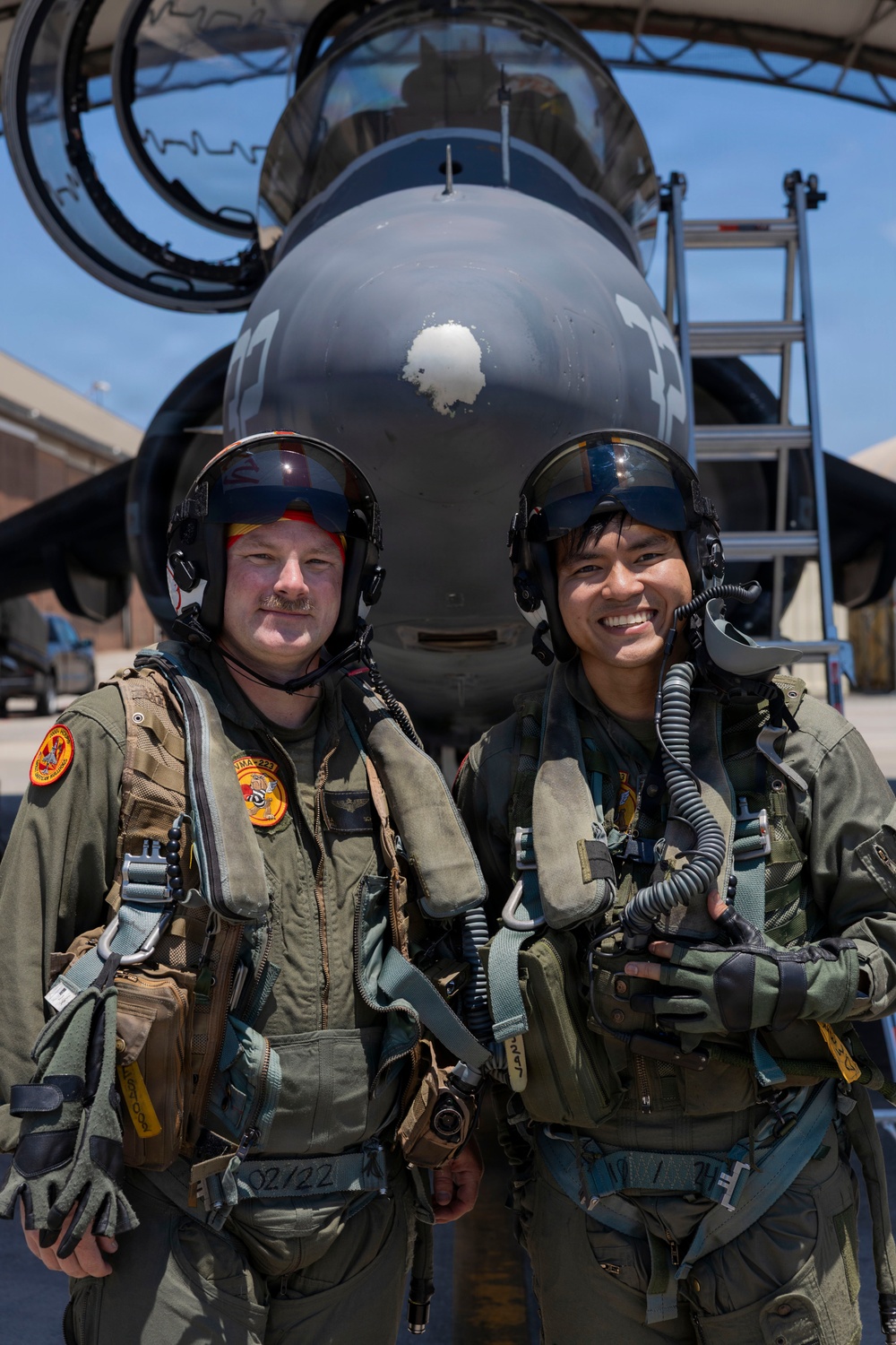 U.S. Marines with VMA-223 fly in a TAV-8B Harrier II
