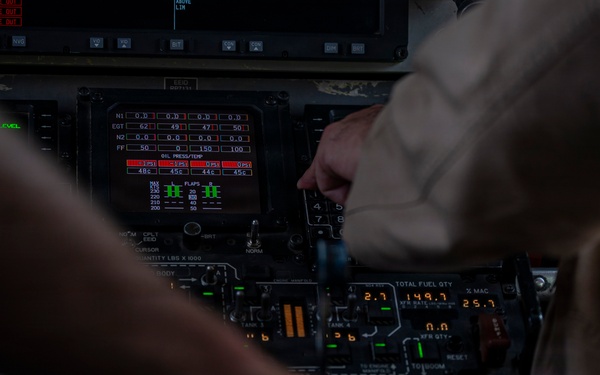 KC-135 Stratotanker refuels F-16 Fighting Falcon during security operations