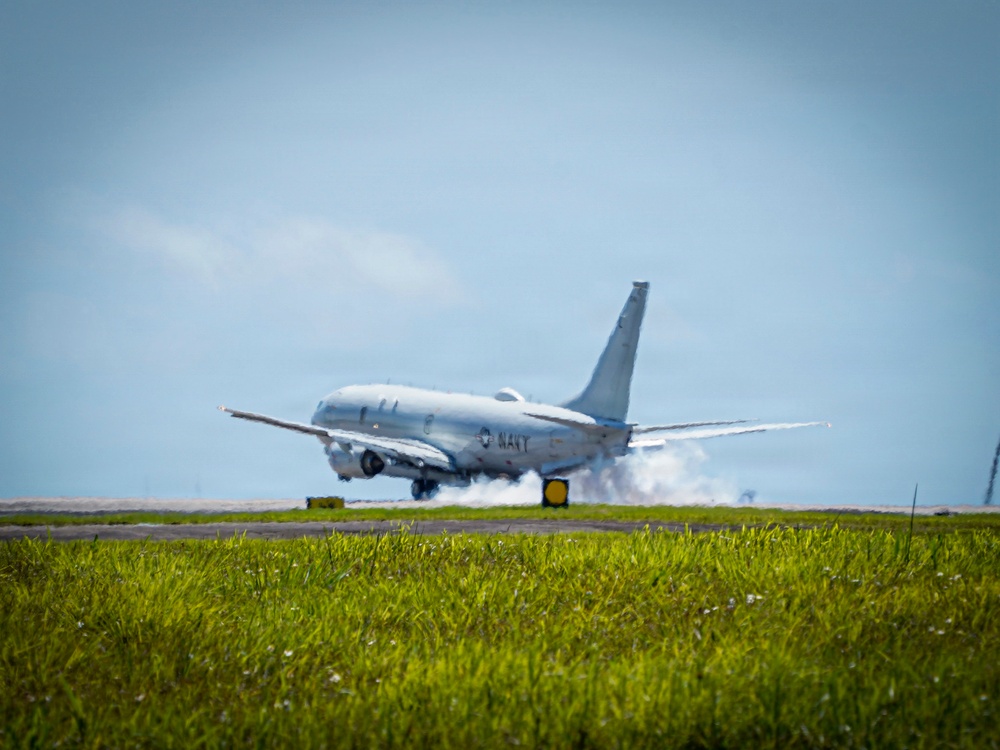 A P-8A Poseidon Lands on Kadena Air Base
