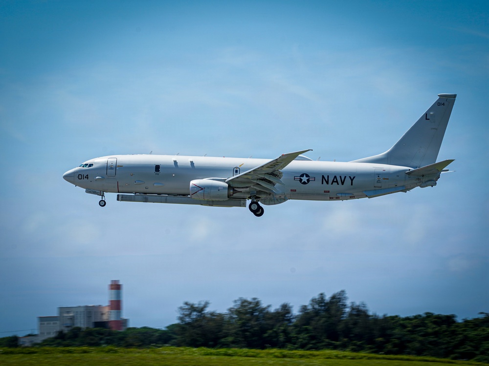 A P-8A Poseidon Lands on Kadena Air Base