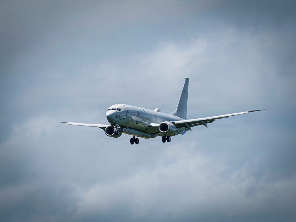 A P-8A Poseidon Lands on Kadena Air Base
