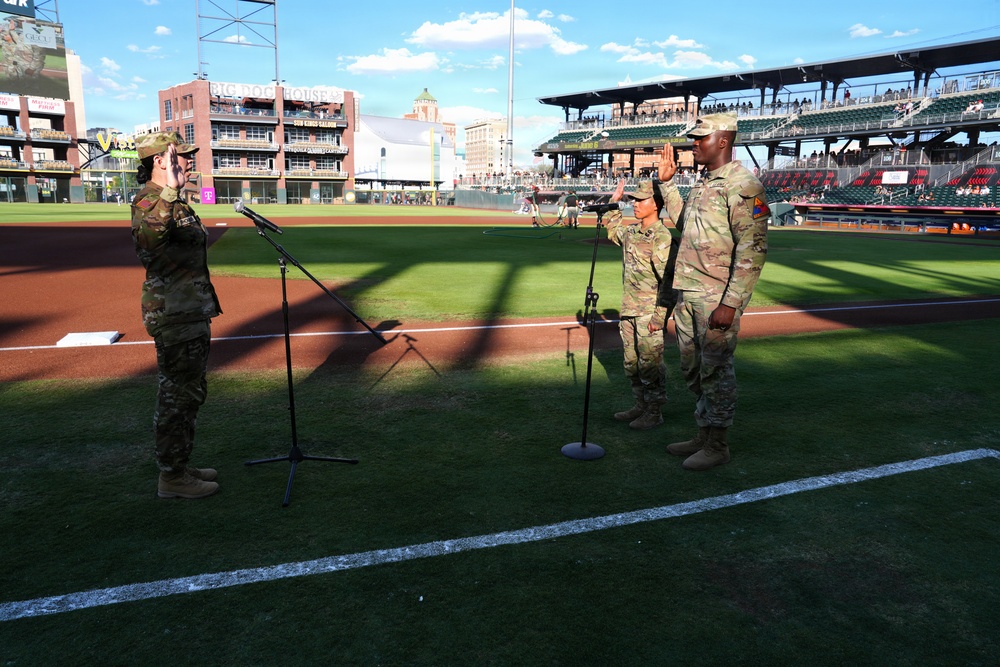 A Pre-Game Promise: Sgt. Avellana and Sgt. Mikem Reenlist for Military Appreciation Night