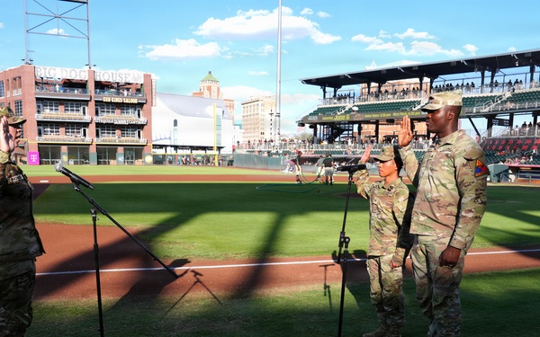 A Pre-Game Promise: Sgt. Avellana and Sgt. Mikem Reenlist for Military Appreciation Night