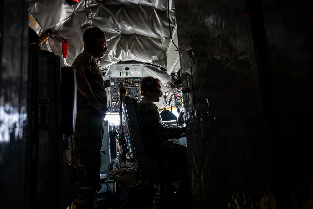 KC-135 Stratotanker refuels F-16 Fighting Falcon during security operations