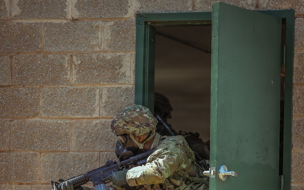U.S. Army Soldier Leads the Way through a CBRN training during the Best Squad Competition