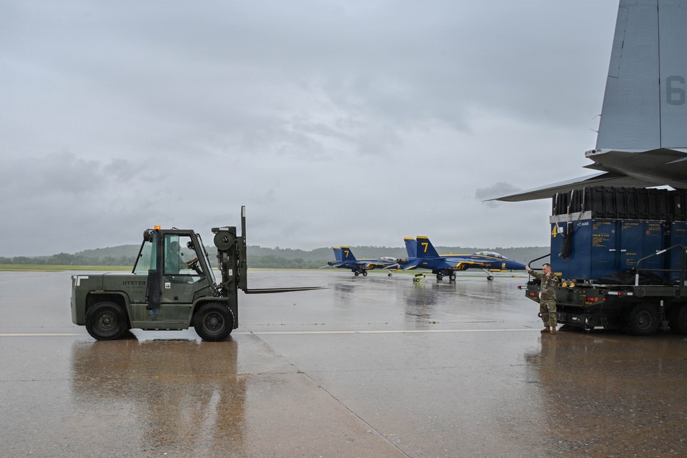 Pennsylvania Air National Guard members unload Blue Angles cargo for the Air Dot Show