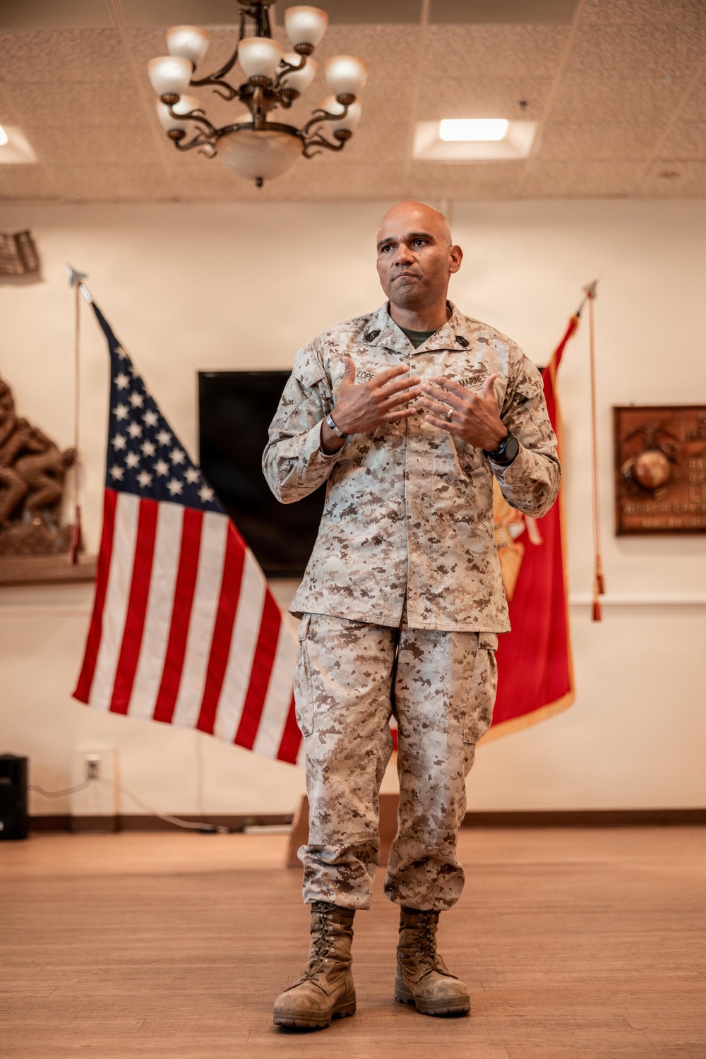 Sgt. Maj. Carlos A. Ruiz speaks to local veterans and military families at MCAGCC