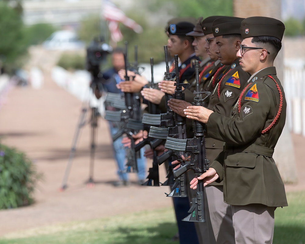 1st Armored Division Soldiers Stand in Rifle Salute Formation During Military Ceremony