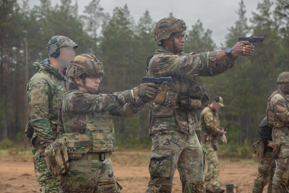 U.S. Army Soldiers conduct pistol marksmanship training alongside NATO partners at Pabradė Training Area, Lithuania