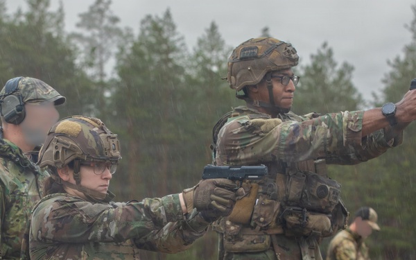 U.S. Army Soldiers conduct pistol marksmanship training alongside NATO partners at Pabradė Training Area, Lithuania