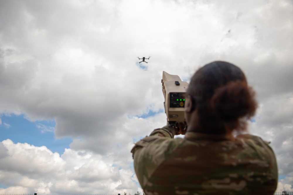 U.S. Army Soldiers conduct training with the Drone Buster counter-unmanned aerial systems device at Pabradė Training Area, Lithuania