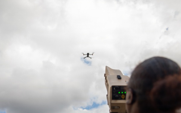 U.S. Army Soldiers conduct training with the Drone Buster counter-unmanned aerial systems device at Pabradė Training Area, Lithuania