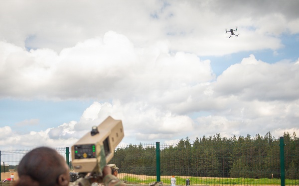 U.S. Army Soldiers conduct training with the Drone Buster counter-unmanned aerial systems device at Pabradė Training Area, Lithuania