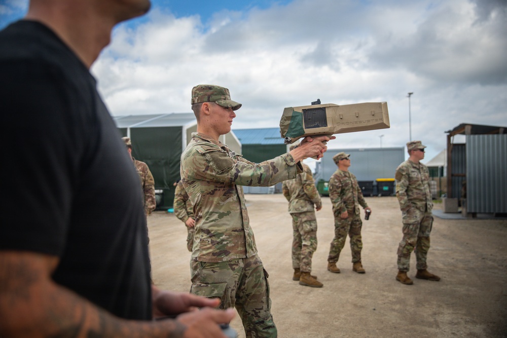 U.S. Army Soldiers conduct training with the Drone Buster counter-unmanned aerial systems device at Pabradė Training Area, Lithuania