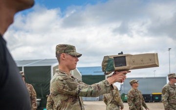 U.S. Army Soldiers conduct training with the Drone Buster counter-unmanned aerial systems device at Pabradė Training Area, Lithuania