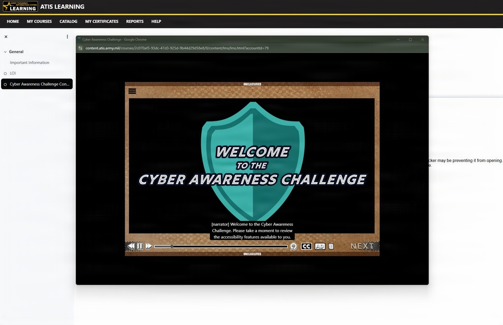 ATIS Learning Cyber Awareness Training Screenshot