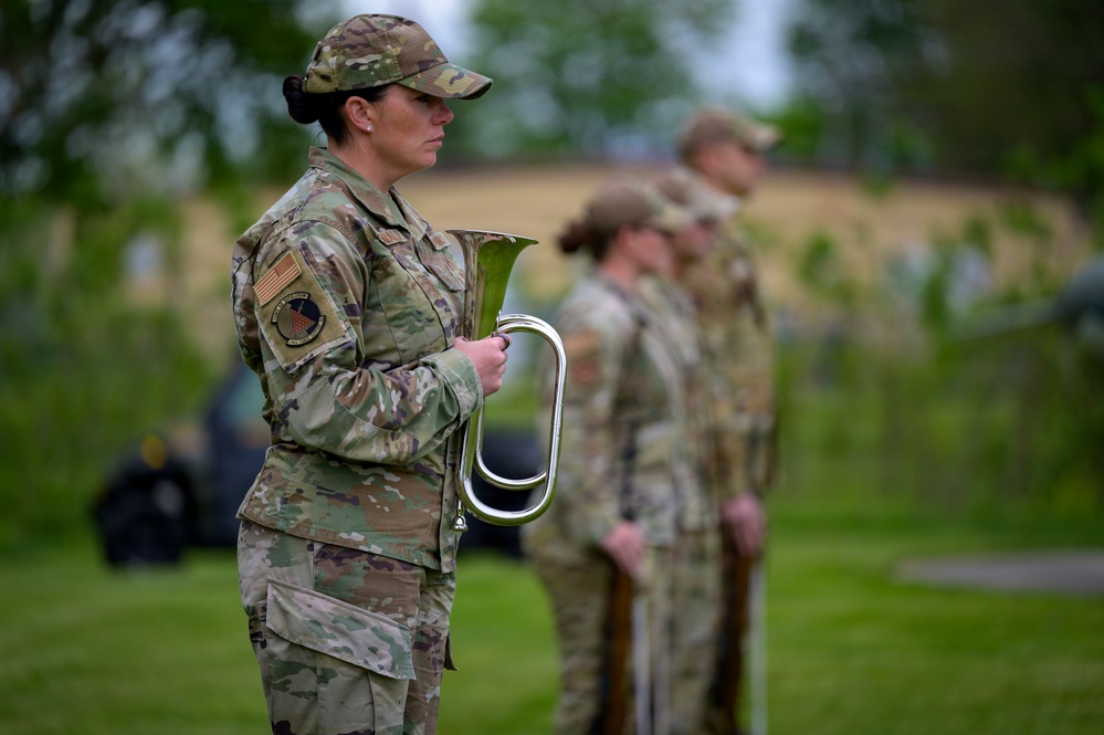 McDonald Stands at Attention With Bugle