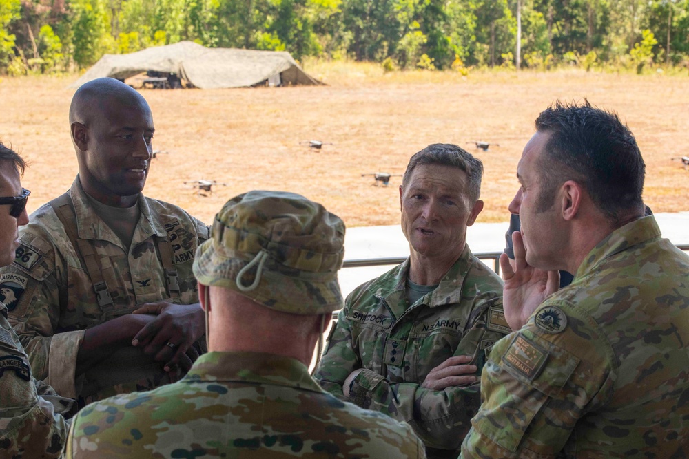 Salaknib 2026: 25th ID Soldiers watch a UAS swarm demonstration with Australian and New Zealand Army soldiers