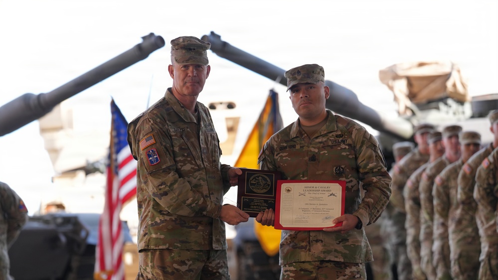 1st Sgt. Steven Quintero receives the Armor and Cavalry Leadership Award