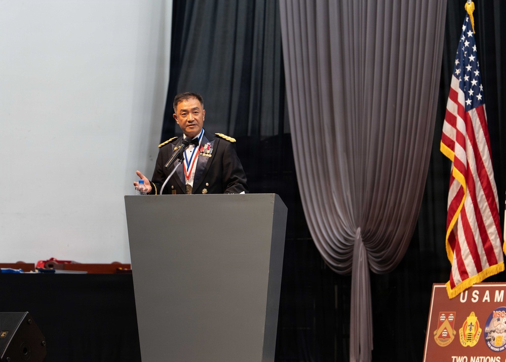Guest Speaker U.S. Army Brig. Gen. Jin H. Pak, 19th ESC commanding general, delivers inspirational remarks at the MSC-K Ball.