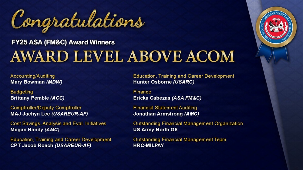 OASA (Financial Management and Comptroller) Announces Recipients of the FY2025 Financial Management Awards