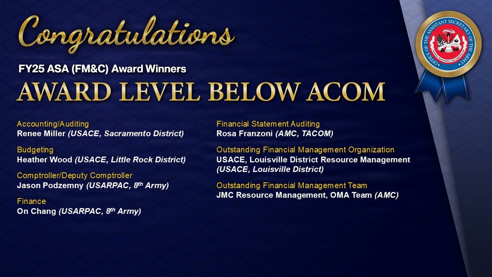 OASA (Financial Management and Comptroller) Announces Recipients of the FY2025 Financial Management Awards