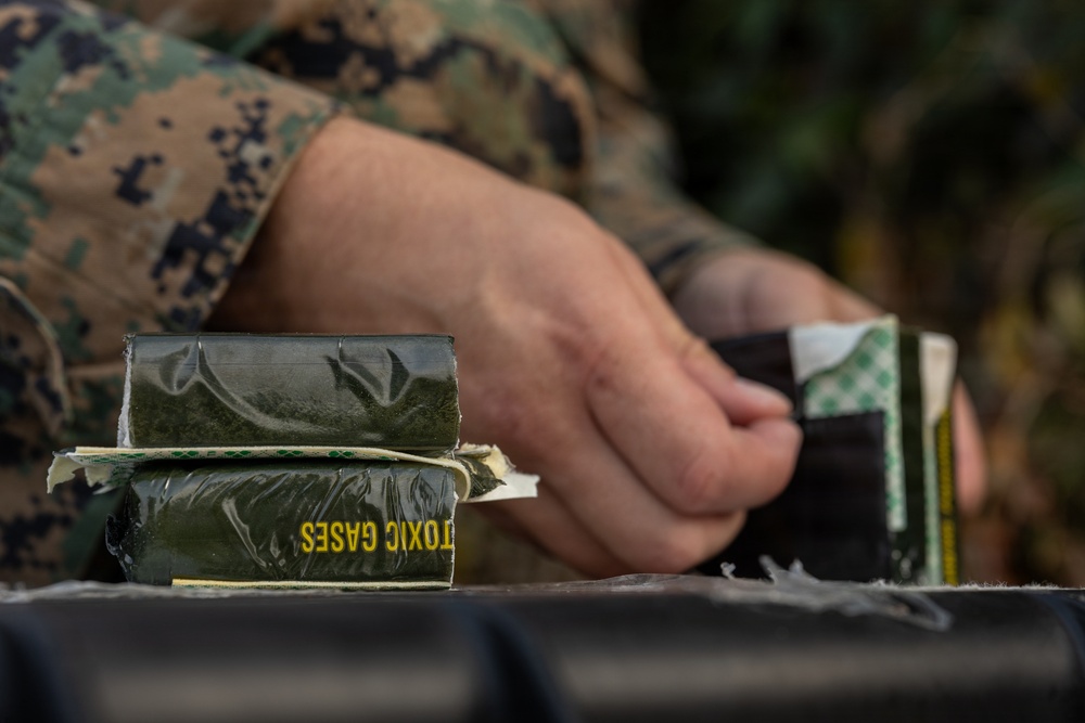 EOD Marines conduct an explosive disposal operation at Ie Shima