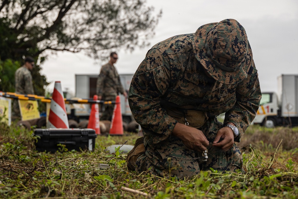 EOD Marines conduct an explosive disposal operation at Ie Shima