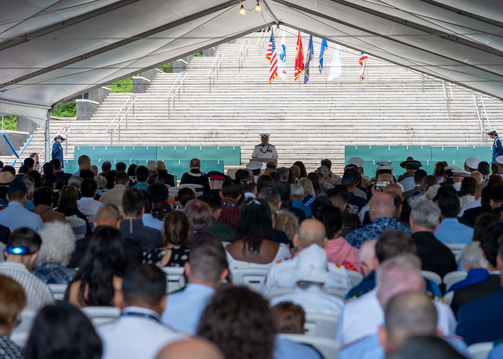 U.S. Navy Rear Adm. Joaquin Martinez de Pinellos, vice commander, U.S. Pacific Fleet, attends the 75th annual Mayor’s Memorial Day Ceremony at the National Memorial Cemetery of the Pacific
