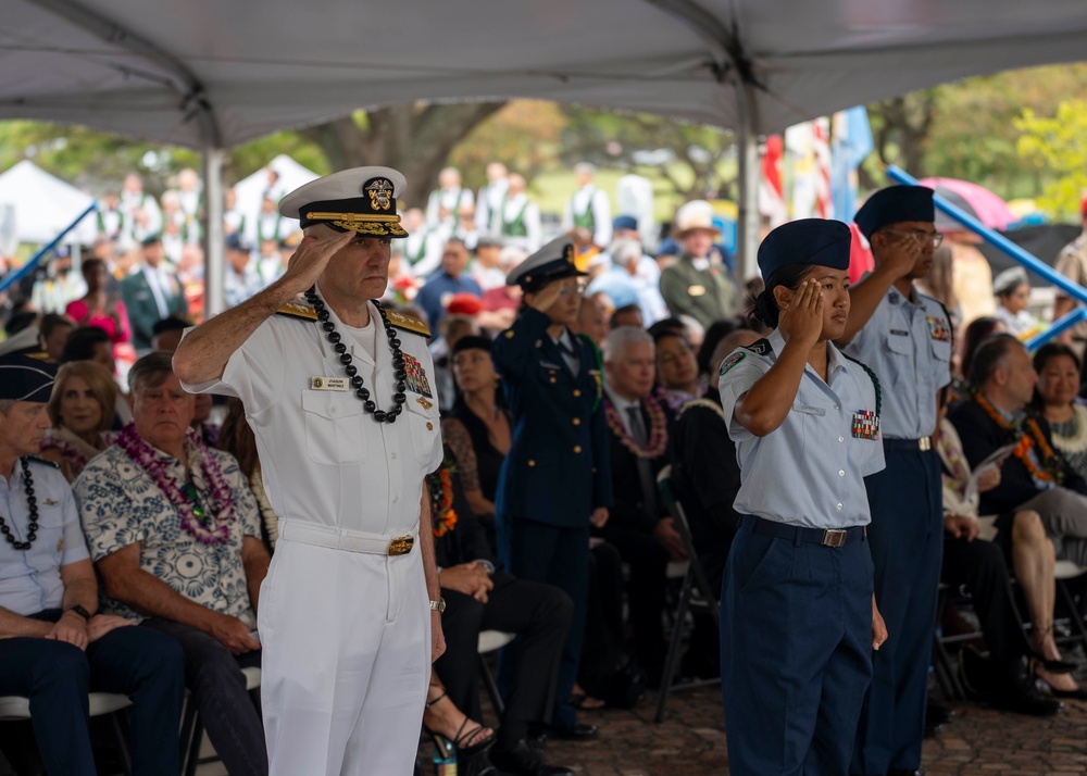 U.S. Navy Rear Adm. Joaquin Martinez de Pinellos, vice commander, U.S. Pacific Fleet, attends the 75th annual Mayor’s Memorial Day Ceremony at the National Memorial Cemetery of the Pacific