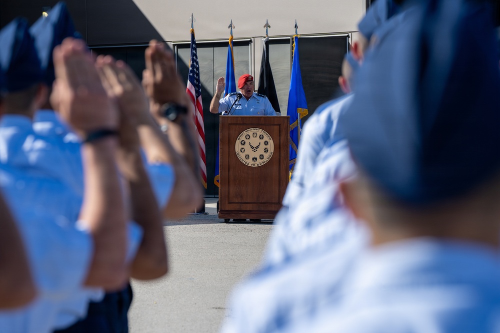 Major General Matthew Wolfe Davidson reviews BMT graduation at JBSA Lackland