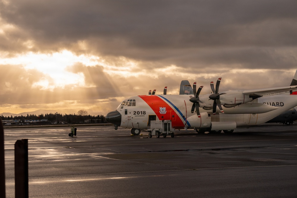A U.S. Coast Guard Super Hercules aircraft sits on the flight line at Joint Base Lewis-McChord WA