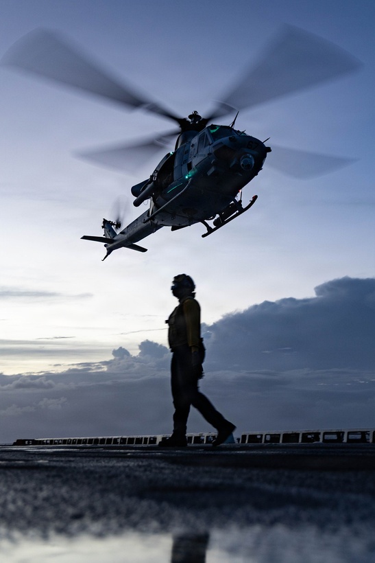 A U.S. Marine Corps UH-1Y Venom with Marine Medium Tiltrotor Squadron (VMM) 365 (Reinforced), Littoral Combat Force-24, departs the San Antonio-class amphibious transport dock USS Fort Lauderdale (LPD 28), during night deck landing qualifications while underway in the Caribbean Sea, May 19, 2026. U.S. military forces are deployed to the U.S. Southern Command area of responsibility in support of Operation SOUTHERN SPEAR, Department of War-directed operations, and the president’s priorities to disrupt illicit drug trafficking, deter malign actors and protect the homeland through continuous presence. (U.S. Marine Corps photo)
