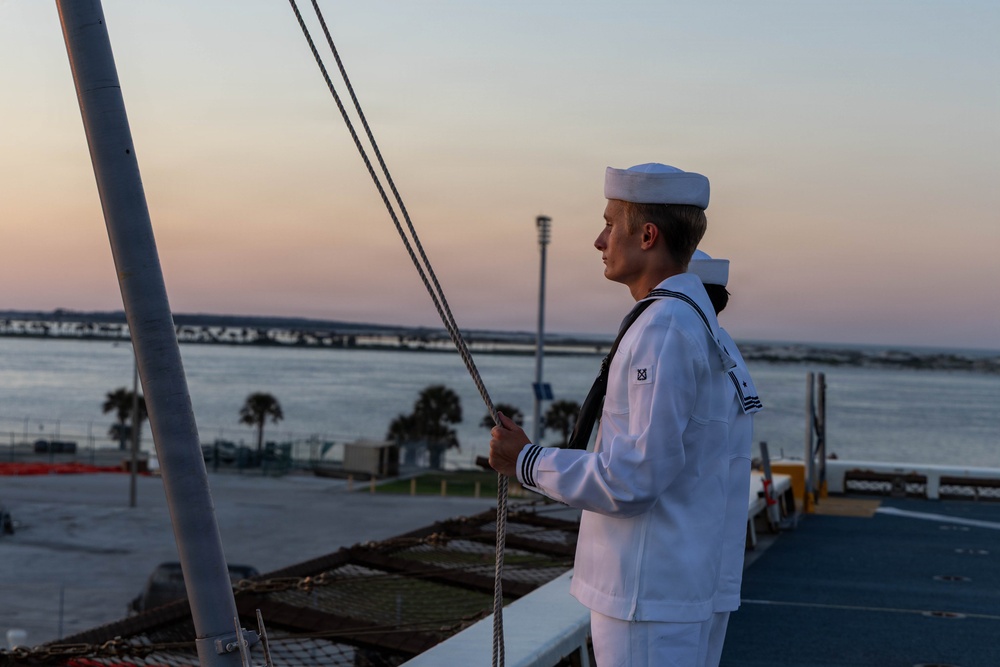 LCF-24: U.S. Sailors aboard LPD 28 conduct evening colors