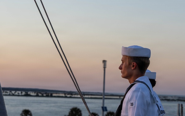 LCF-24: U.S. Sailors aboard LPD 28 conduct evening colors
