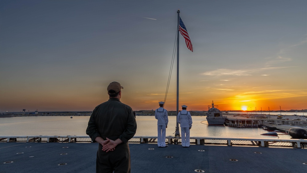 LCF-24: U.S. Sailors aboard LPD 28 conduct evening colors