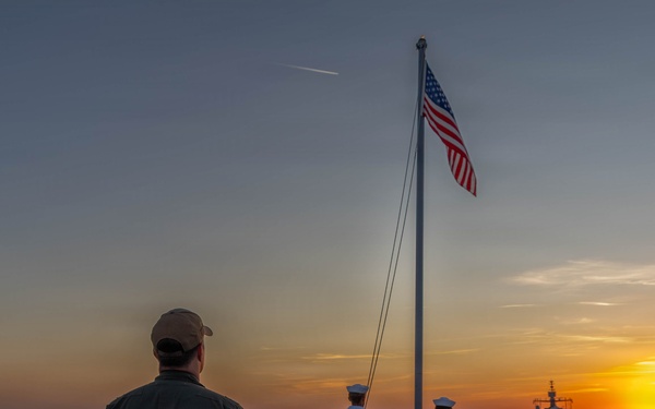 LCF-24: U.S. Sailors aboard LPD 28 conduct evening colors