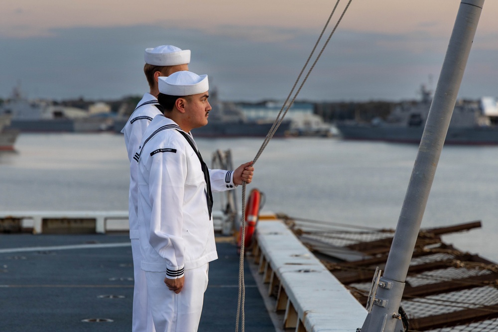 LCF-24: U.S. Sailors aboard LPD 28 conduct evening colors