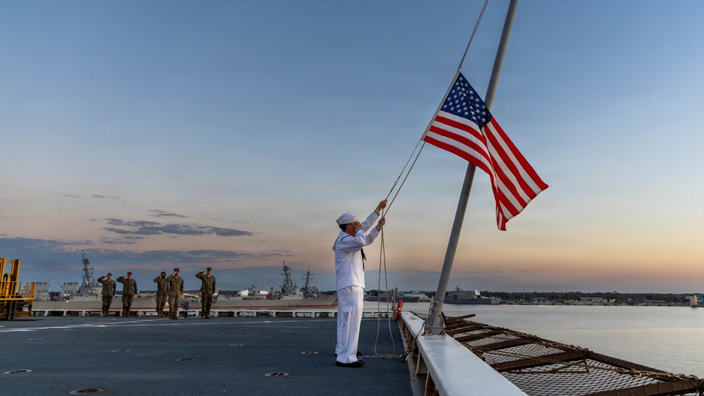 LCF-24: U.S. Sailors aboard LPD 28 conduct evening colors