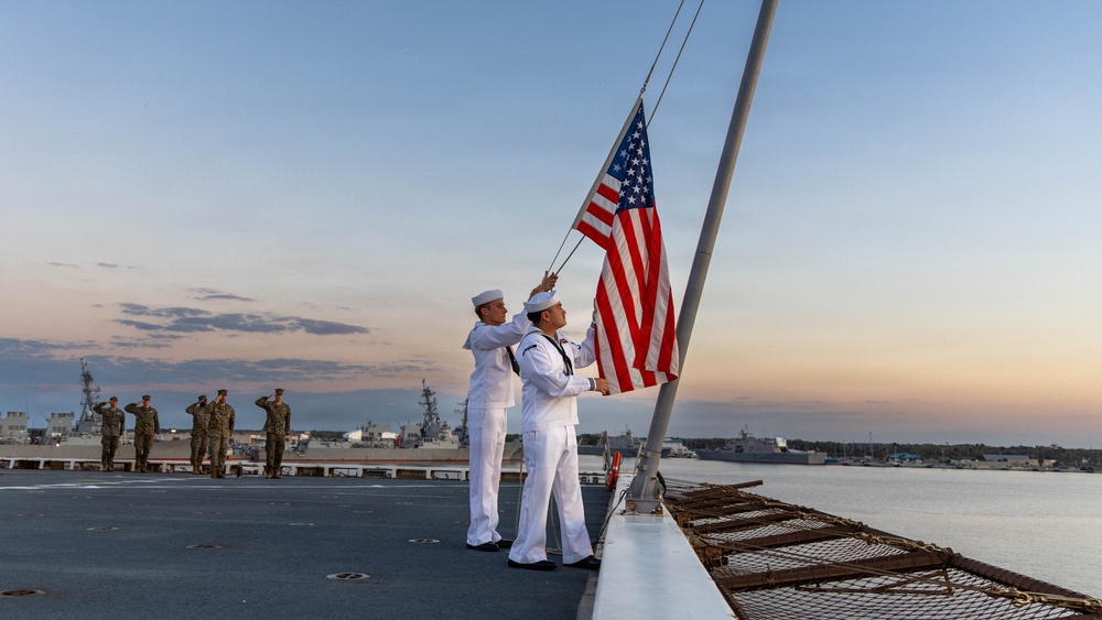 LCF-24: U.S. Sailors aboard LPD 28 conduct evening colors