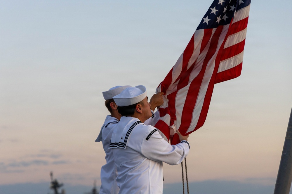 LCF-24: U.S. Sailors aboard LPD 28 conduct evening colors